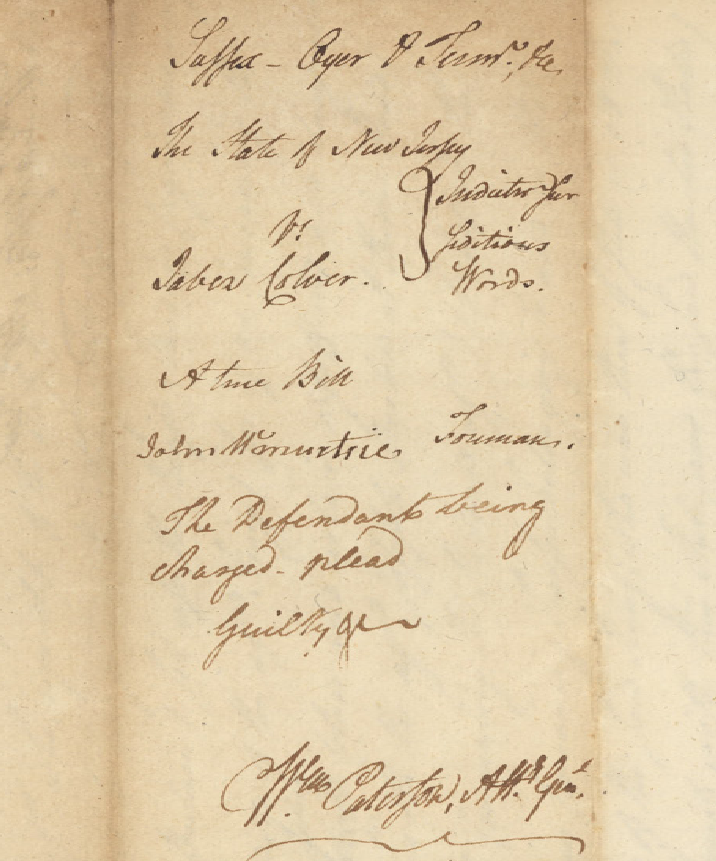 Original handwritten endorsement of the 1777 indictment: 'The State of New Jersey vs Jabez Colver — Indictment for Seditious Words — A true Bill — John McMurtrie, Foreman — The Defendant being charged, plead Guilty.'
