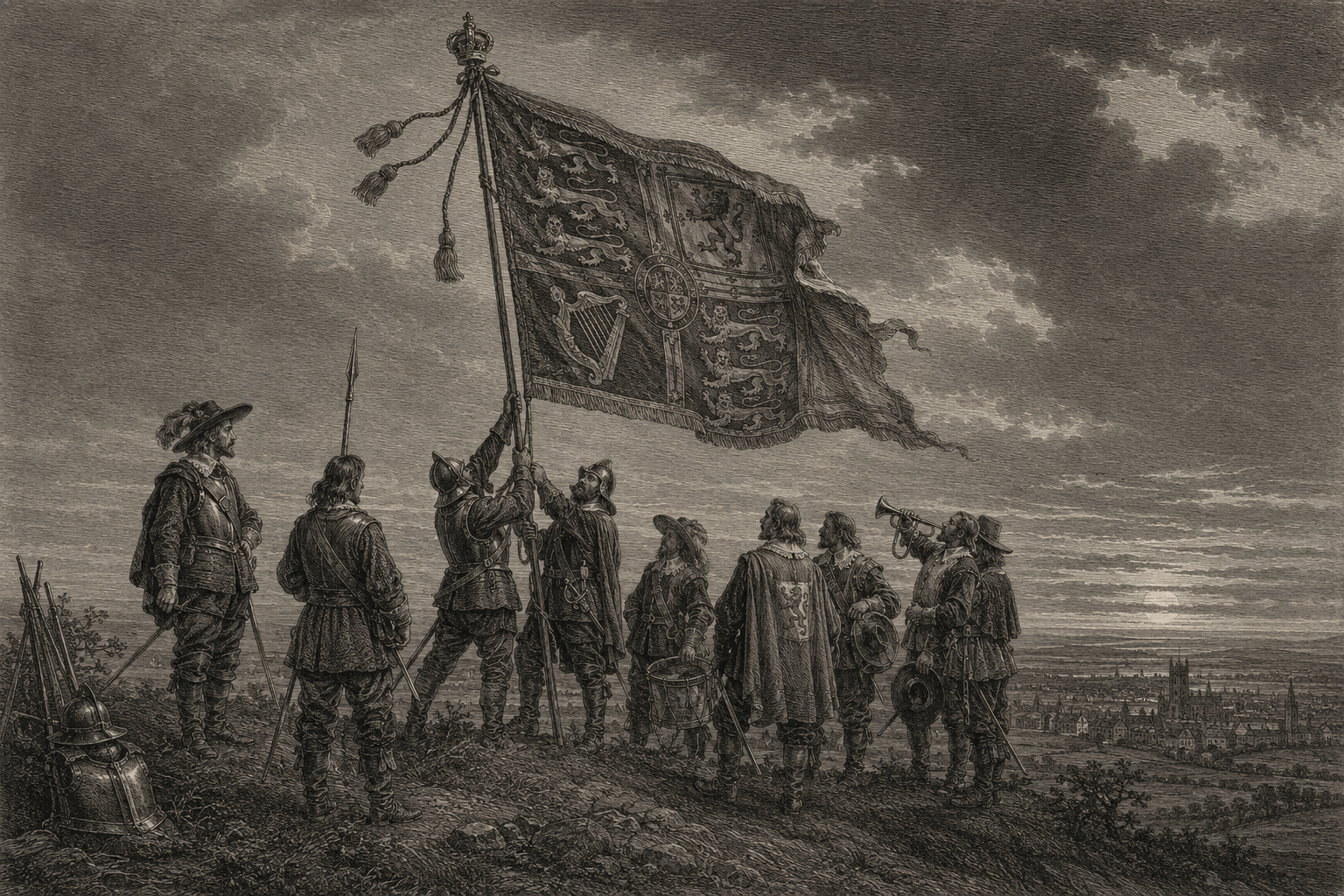 Engraving-style scene of soldiers raising King Charles I’s royal standard at Nottingham, 1642.