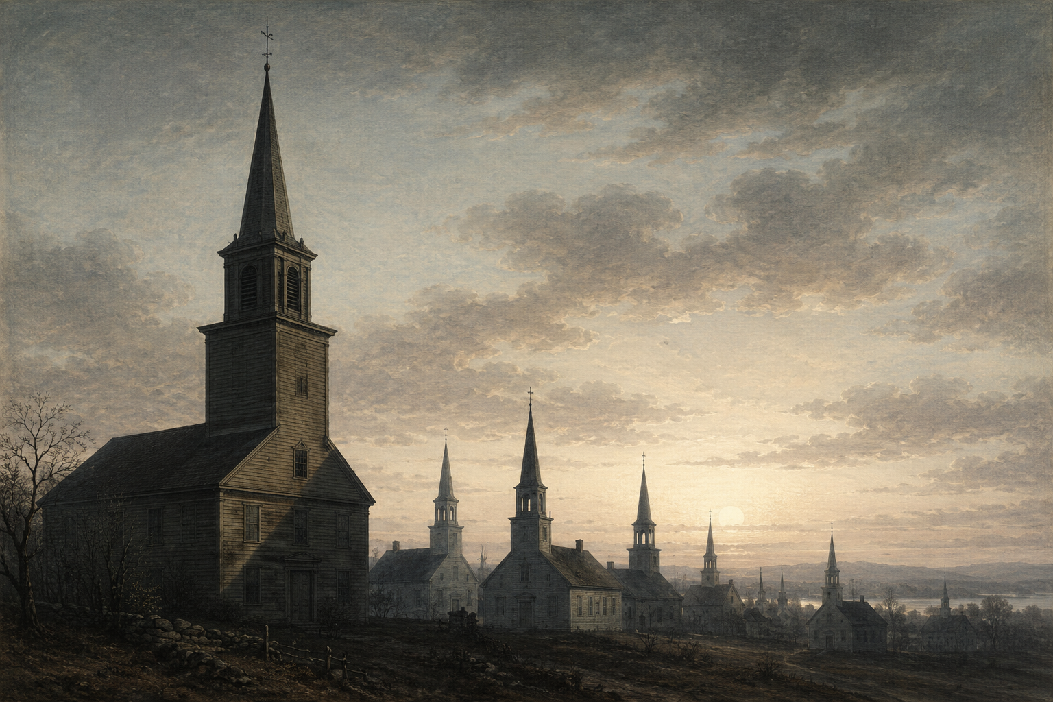 A dusk landscape of many church steeples, one large steeple looming in the foreground.