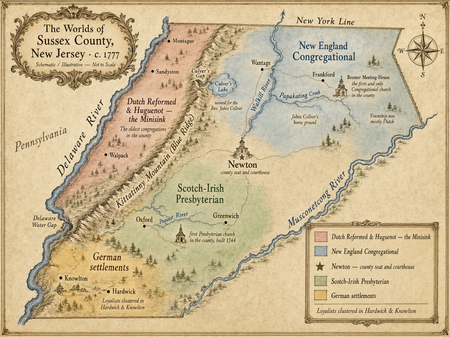 Antique-style map of the settlement groups of Sussex County, New Jersey, about 1777.