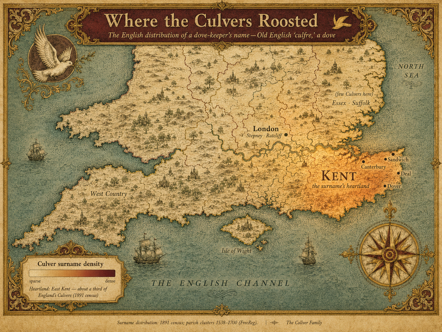Decorative map of southern England showing the Culver surname concentrated in Kent, with London and East Anglia marked