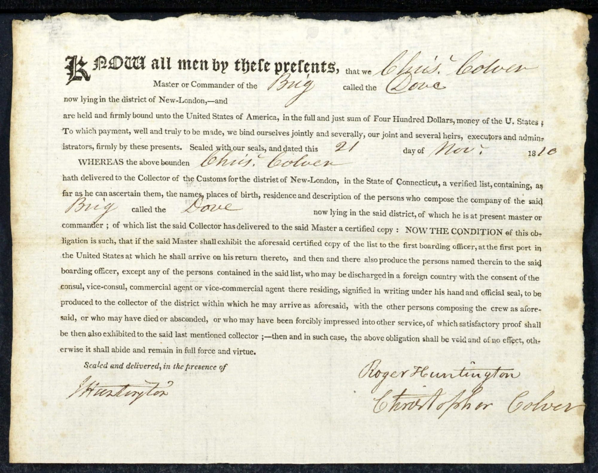 Crew-list bond for the brig Dove, New London, 21 November 1810