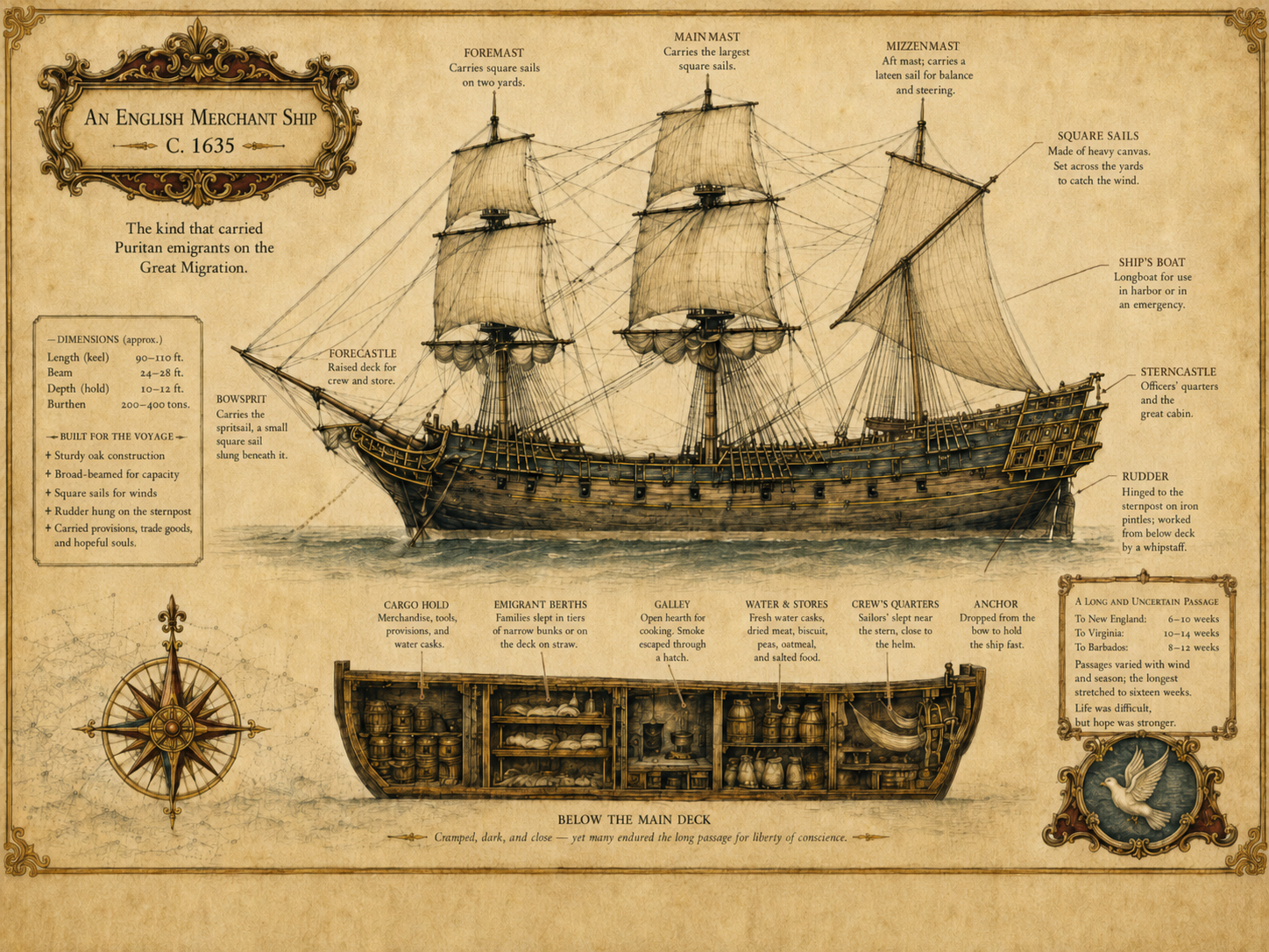 Annotated cutaway diagram of an English merchant ship of about 1635, above decks and below