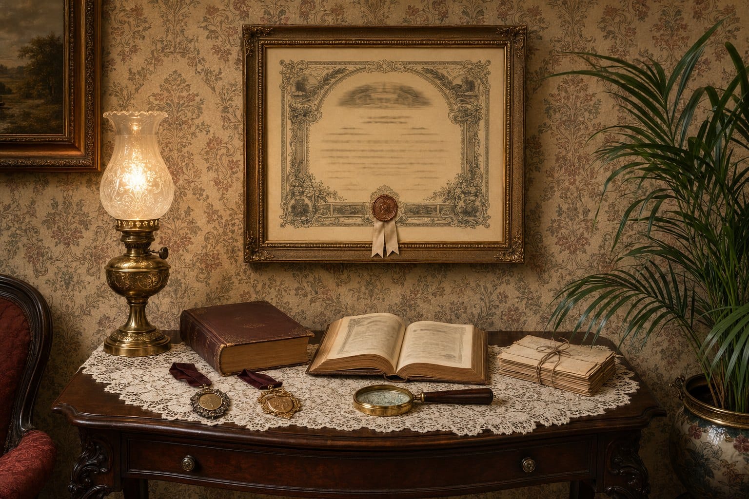 A lamplit Victorian parlor: a framed lineage certificate with a wax seal, membership badges on ribbons, family-history volumes, a magnifying glass and a bundle of letters.