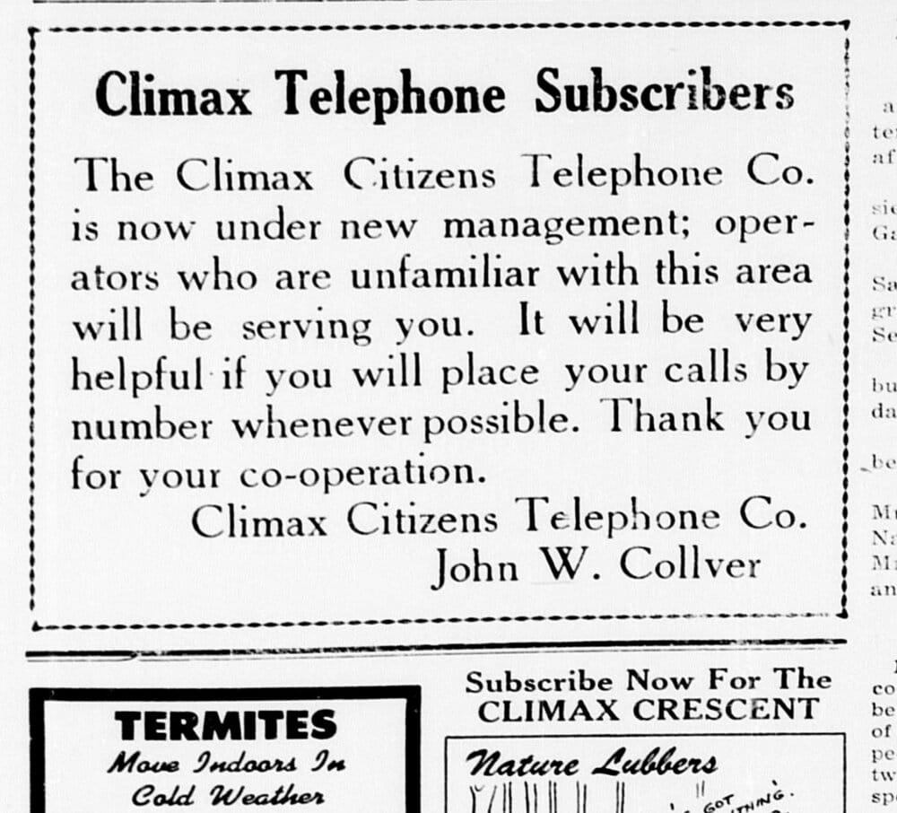 Climax Telephone Subscribers notice signed John W. Collver — Climax Crescent, January 14, 1949