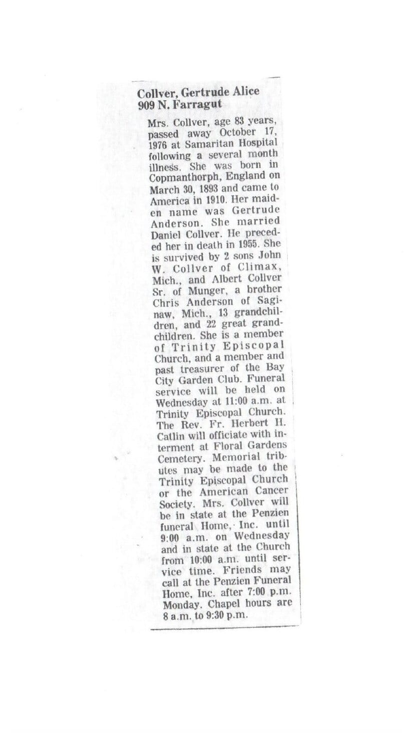 1976 Bay City newspaper obituary of Gertrude Alice Collver, pasted into the family's copy of the 1916 pamphlet