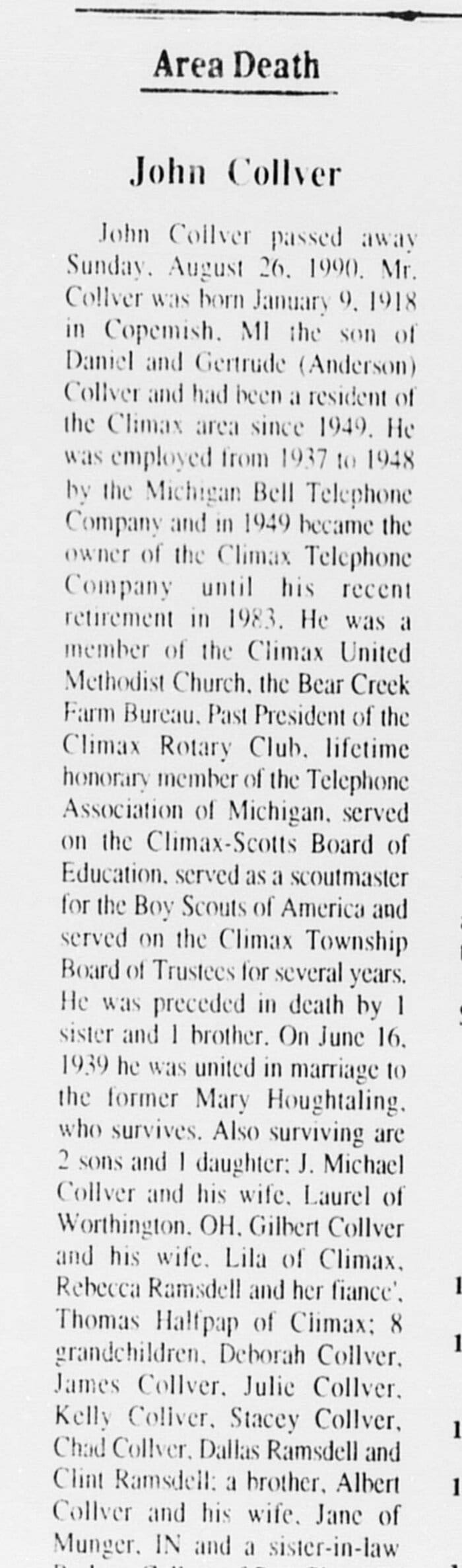 John Collver obituary, Climax Crescent, August 31, 1990