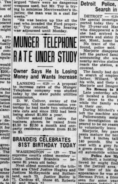 Munger Telephone Rate Under Study — Bay City Times, November 13, 1937