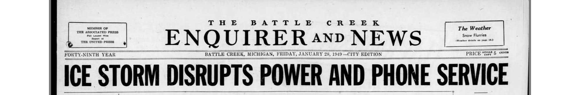 Ice Storm Disrupts Power and Phone Service — Battle Creek Enquirer, January 28, 1949