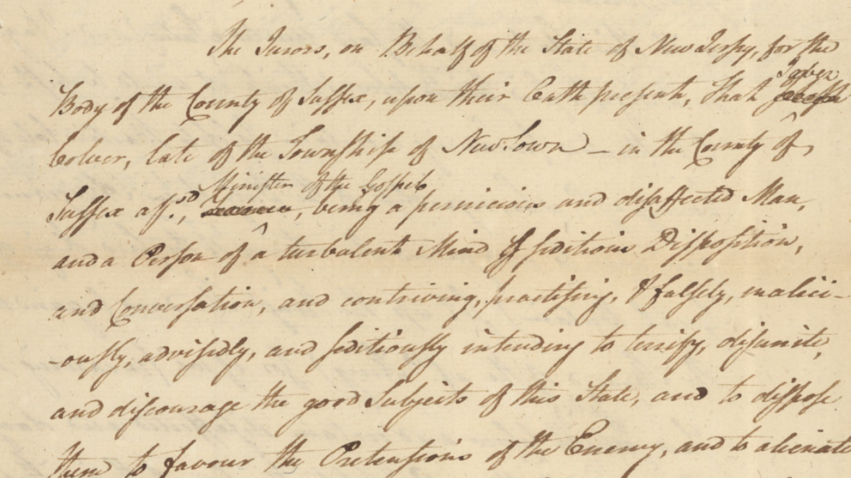 Excerpt of the 1777 indictment of Rev. Jabez Colver for seditious words, in the court clerk's hand.