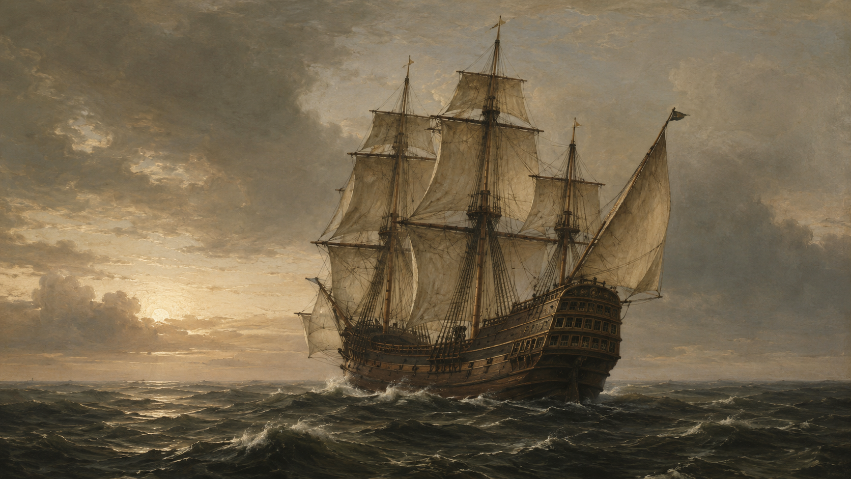 A three-masted English merchant ship of about 1635 under full sail on the open Atlantic at dusk