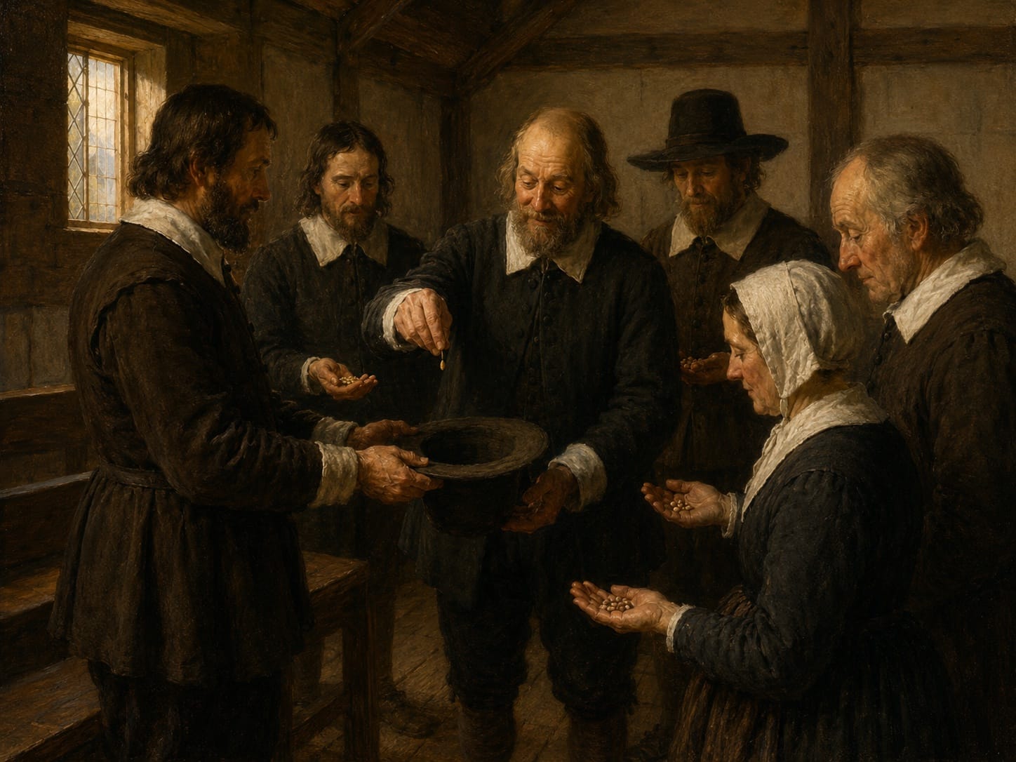 Puritan townsmen voting by wheat and beans dropped into a hat