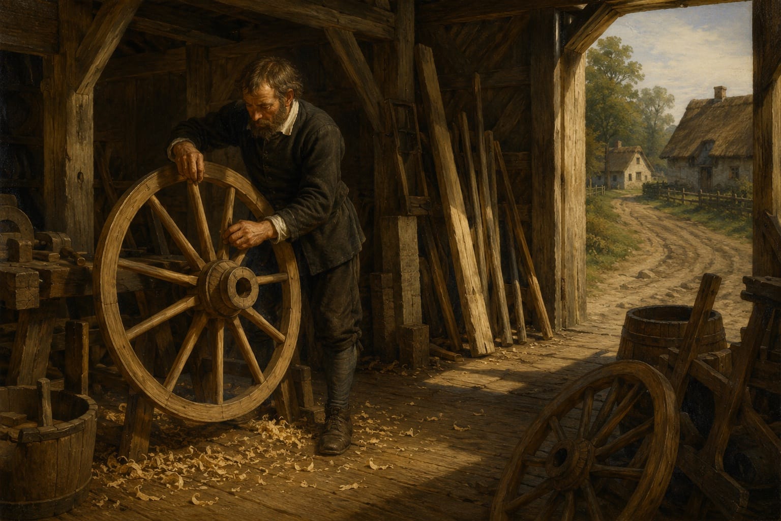 A 1630s New England wheelwright fitting spokes to a cart wheel in his shop