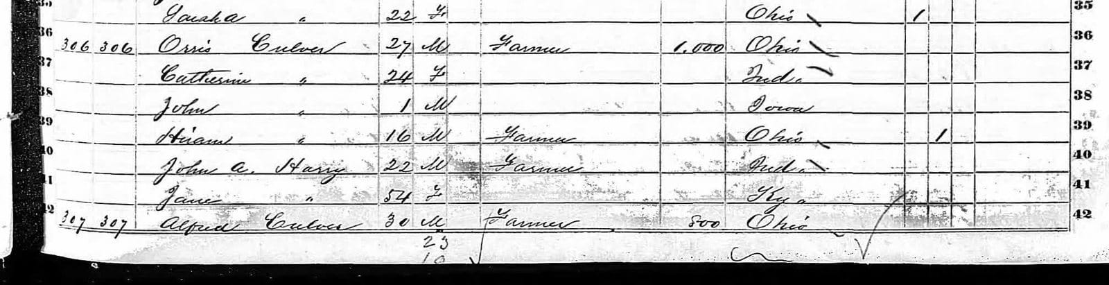 A strip of the 1850 federal census showing two consecutive dwellings, the second falling on the last line of the page.