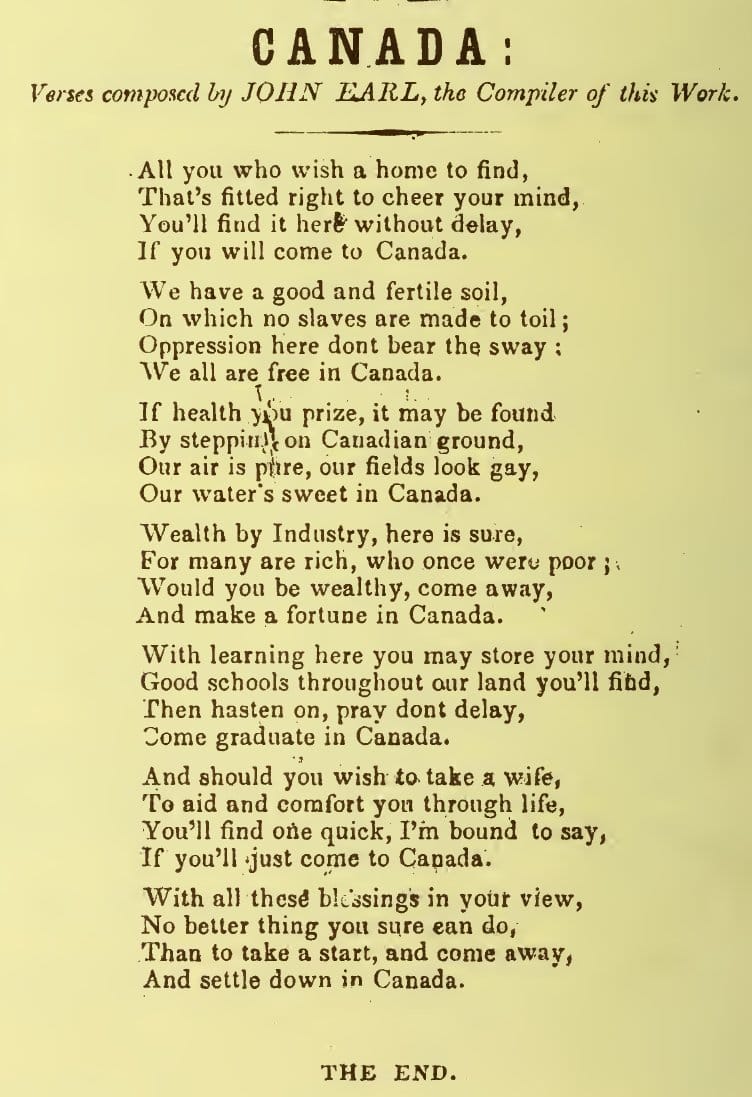 “CANADA: Verses composed by John Earl, the Compiler of this Work” — the pamphlet’s last page, ending at “THE END.”