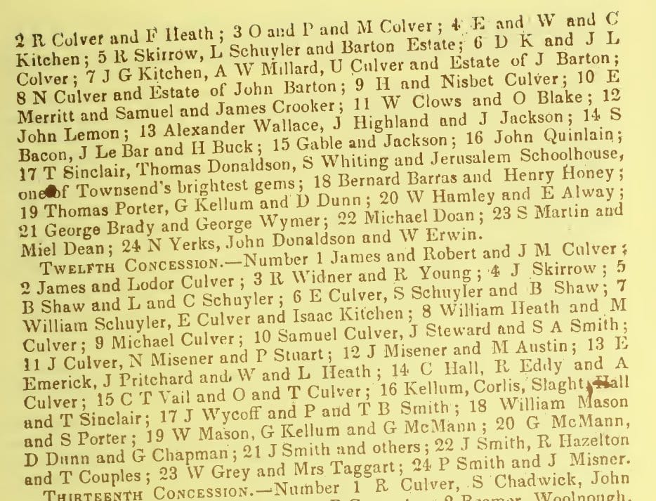 Townsend’s eleventh and twelfth concessions in Earl’s lists: James and Lodor Culver at Lot 2, Michael Culver alone at Lot 9, H and Nisbet Culver at Lot 9 of the eleventh.