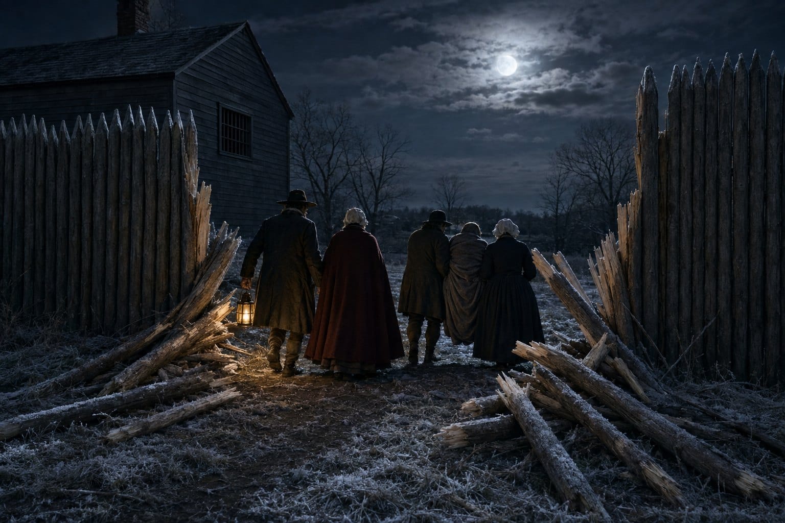 By moonlight, figures carry a wrapped figure out through a staved-down palisade fence beside a small colonial jail.