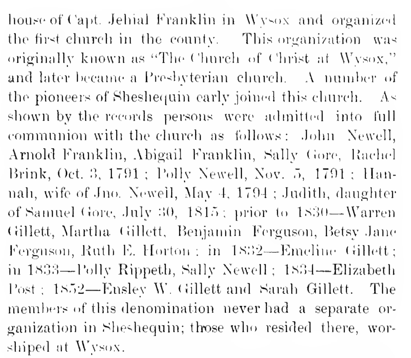 Heverly's 1902 History of Sheshequin: the Church of Christ at Wysox and the communion roll naming Rachel Brink, Oct. 3, 1791