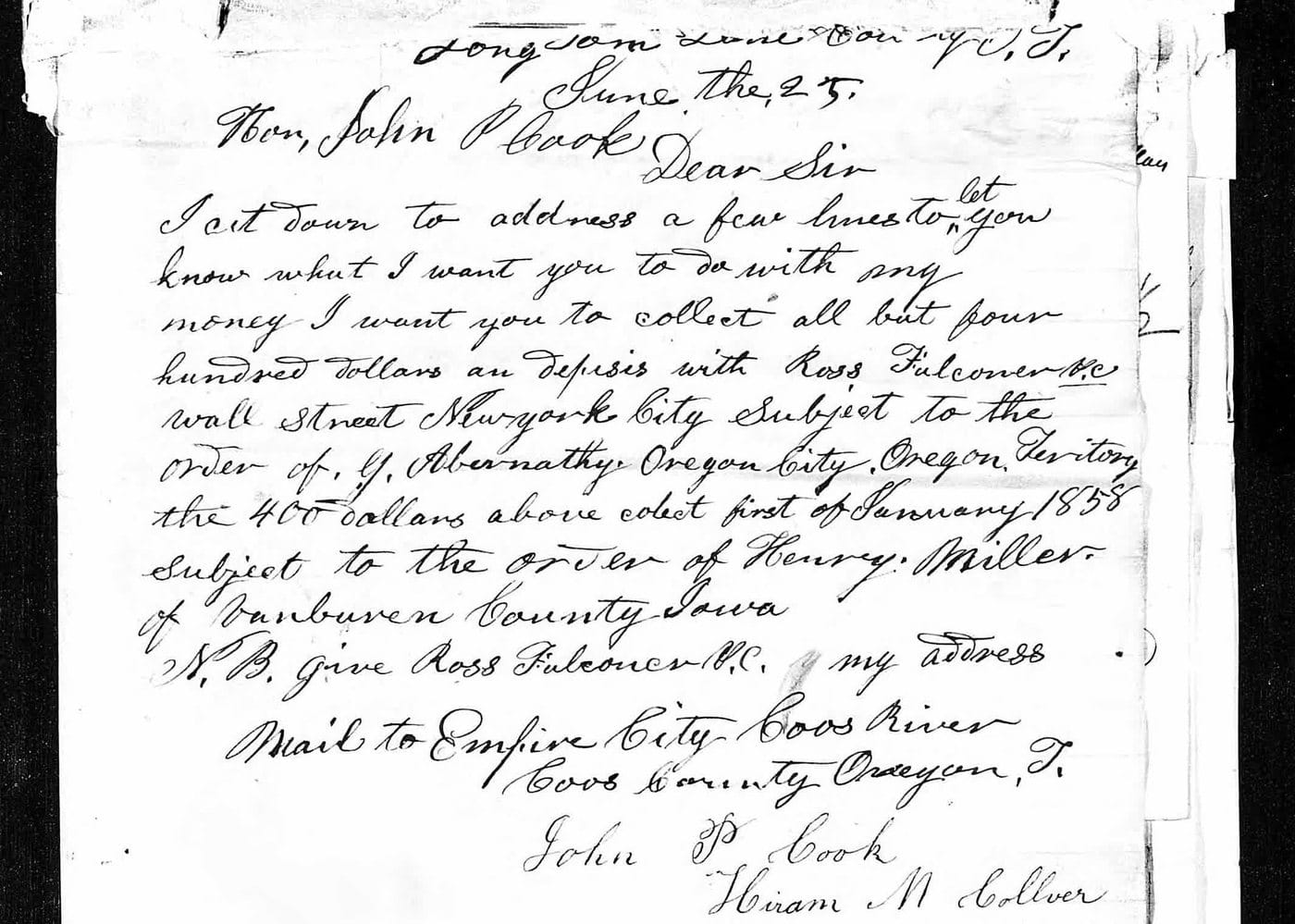 A single-page manuscript letter in ink, dated 1857, with a Wall Street firm and an Oregon City name written into the closing instructions.