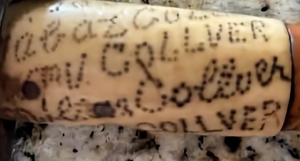 Detail of the bone collar of the Jabez staff: a succession of Collver names in pricked, dotted lettering.