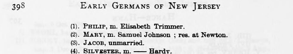 John Hann’s daughter “Mary, m. Samuel Johnson; res. at Newton” — the Hann-to-Johnson link of Vanita’s chain, s
