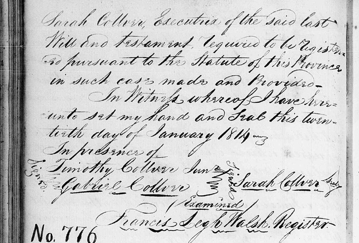 “In Witness whereof I have hereunto set my Hand and Seal this twentieth day of January 1814… Sarah Collver [sealed].” Wi
