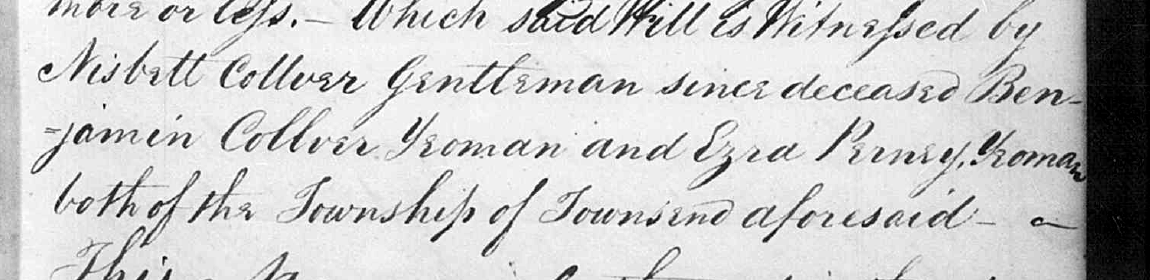 One page over, the register notes in passing that a witness of June 1812 was dead by registration day: “Nisbett Collver