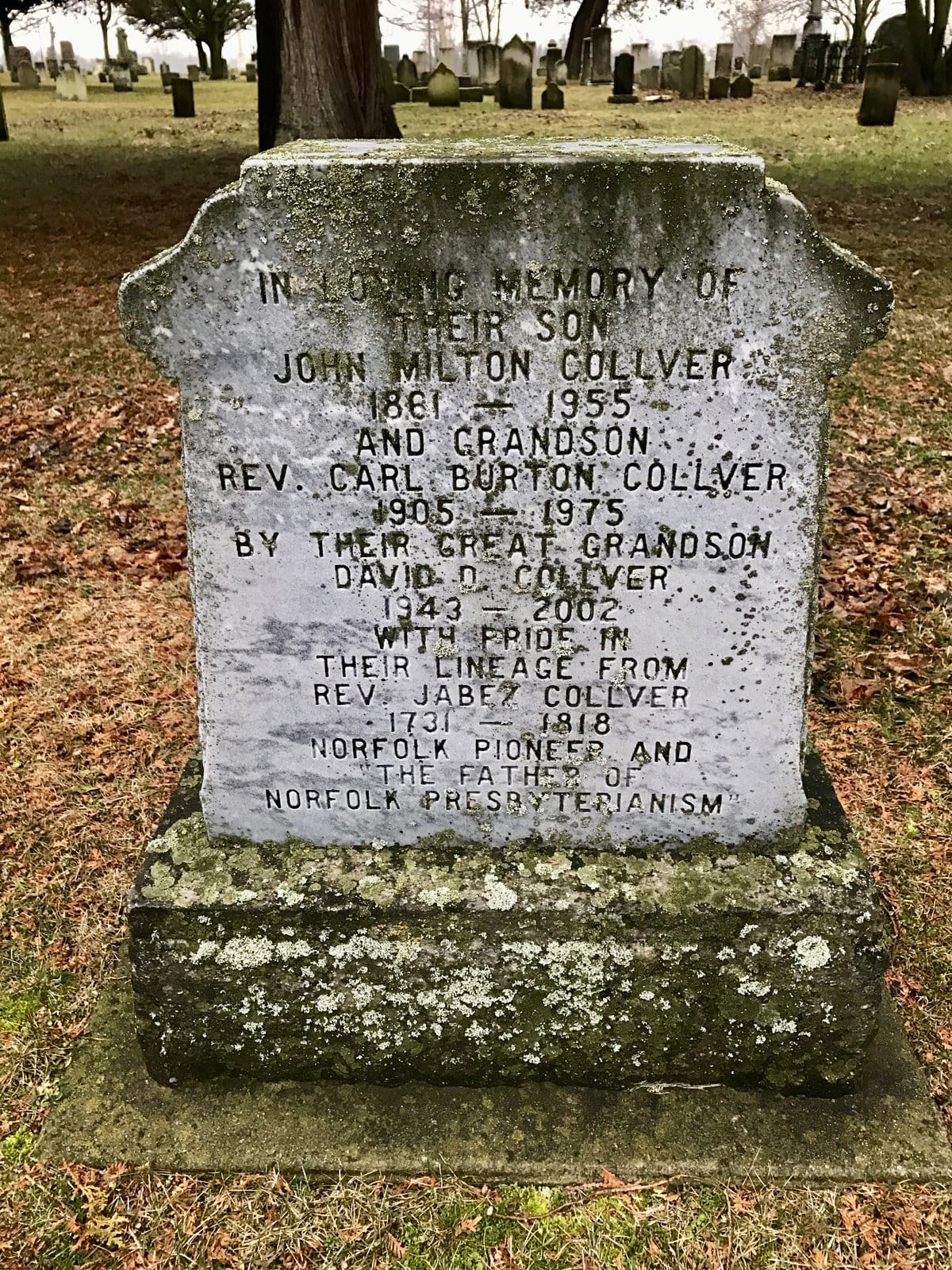 The Old Woodhouse cenotaph, Norfolk County, Ontario, to John Milton Collver and Rev. Carl Burton Collver.