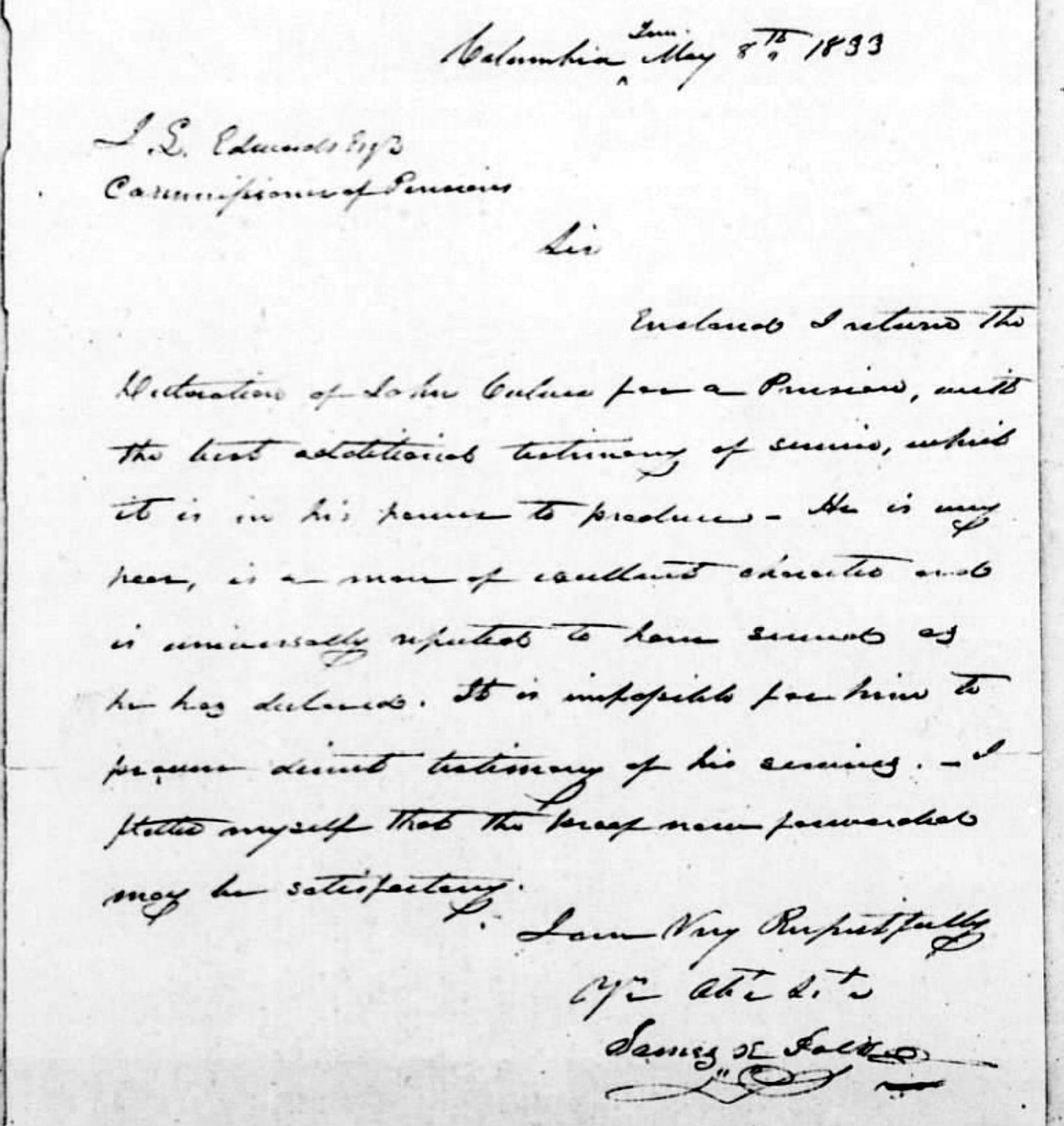 James K. Polk's 1833 letter endorsing John Culver's pension claim