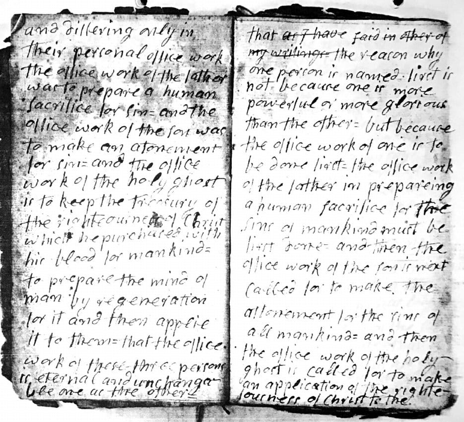 Two pages of Jabez Collver's handwritten copybook of divinity