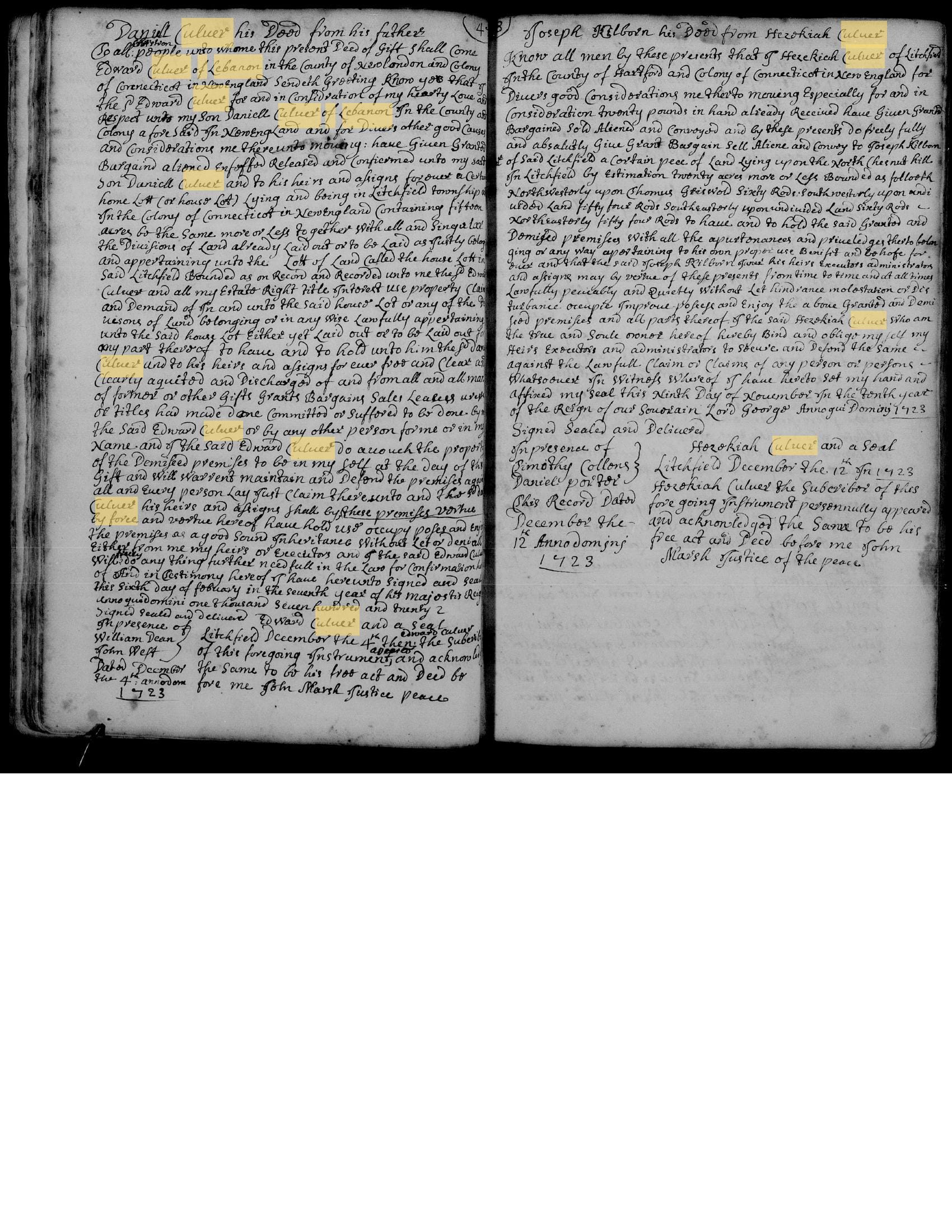 Daniell Culver his Deed from his father - the 1720/21 Litchfield gift deed
