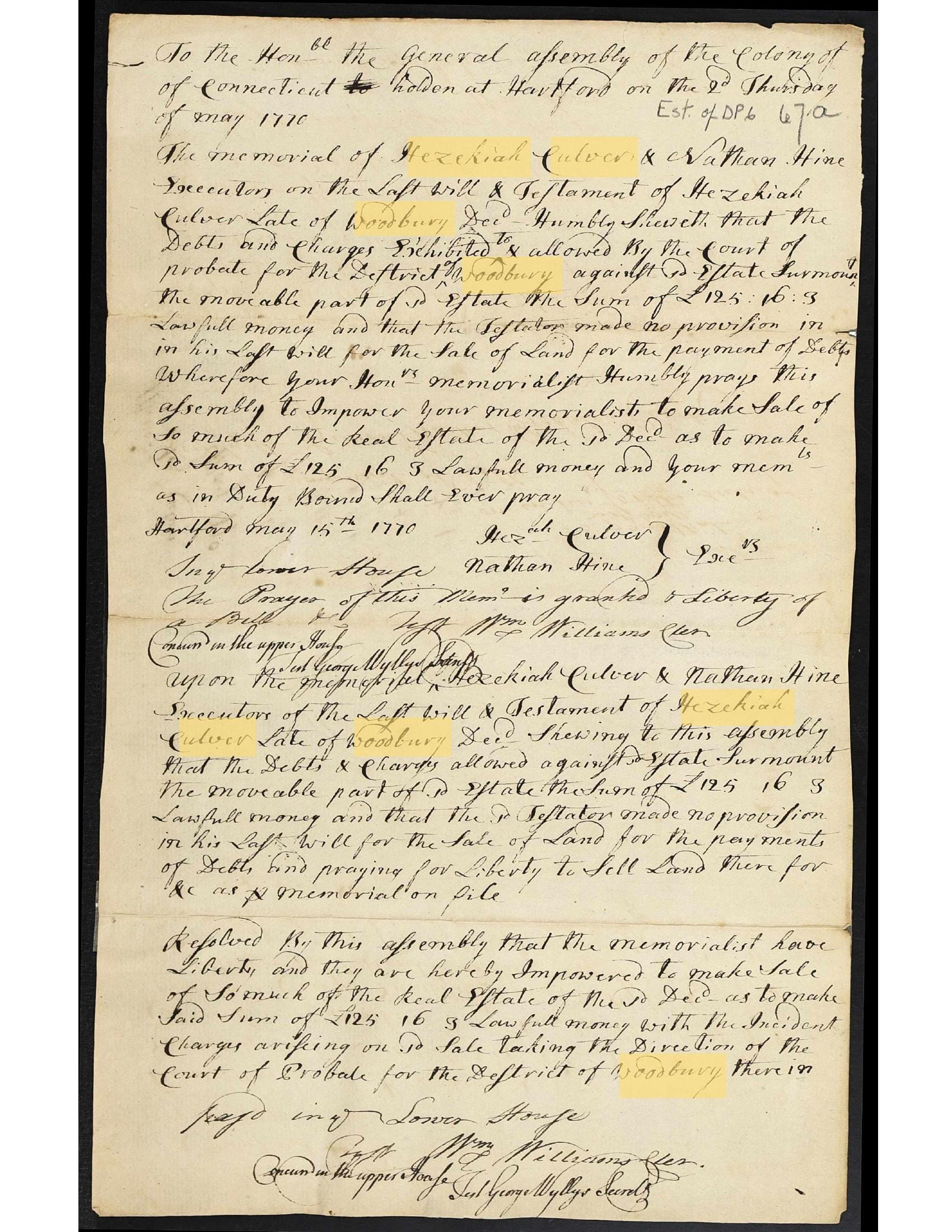The 1770 memorial to the Connecticut Assembly naming Hezekiah Culver Jr. executor