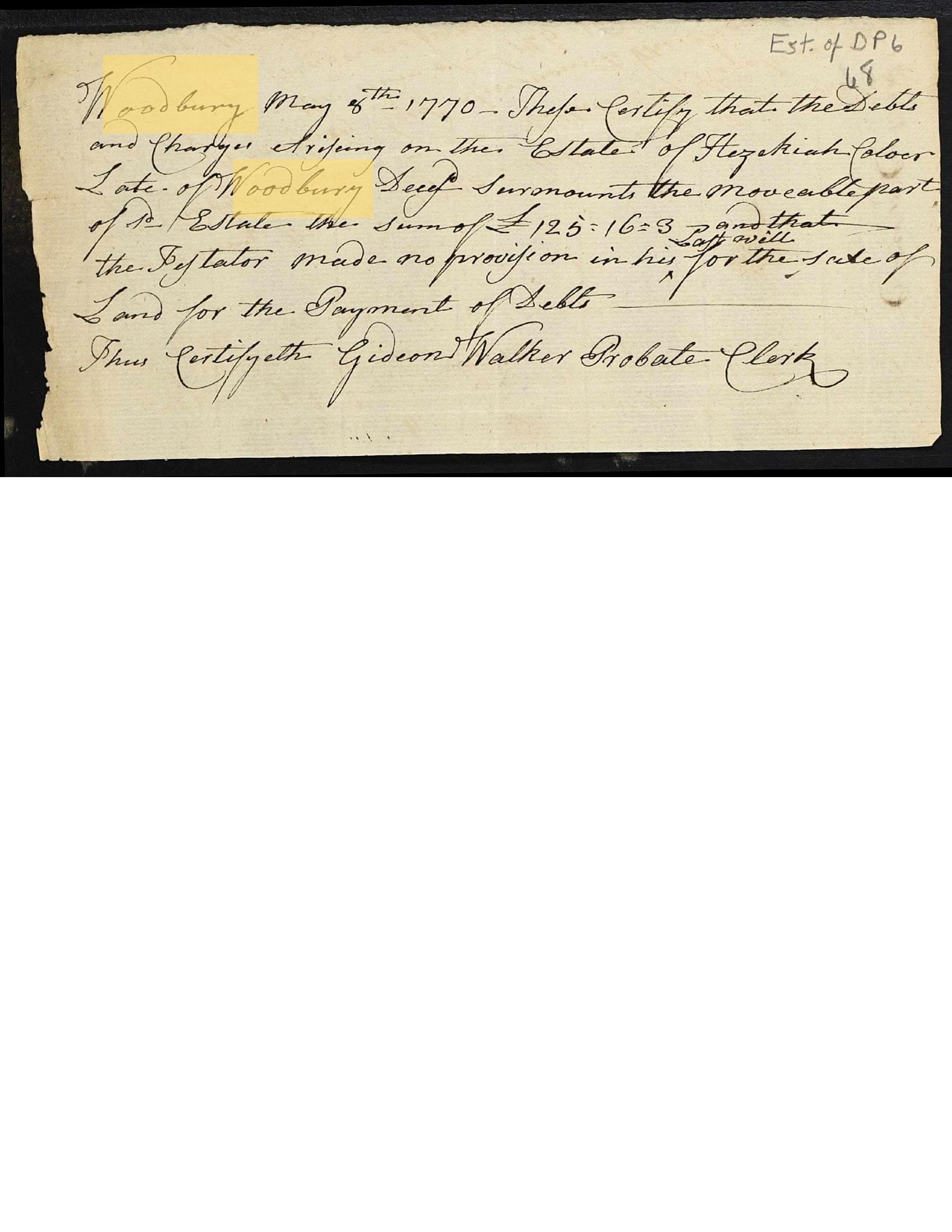 The Woodbury probate certificate of 1770