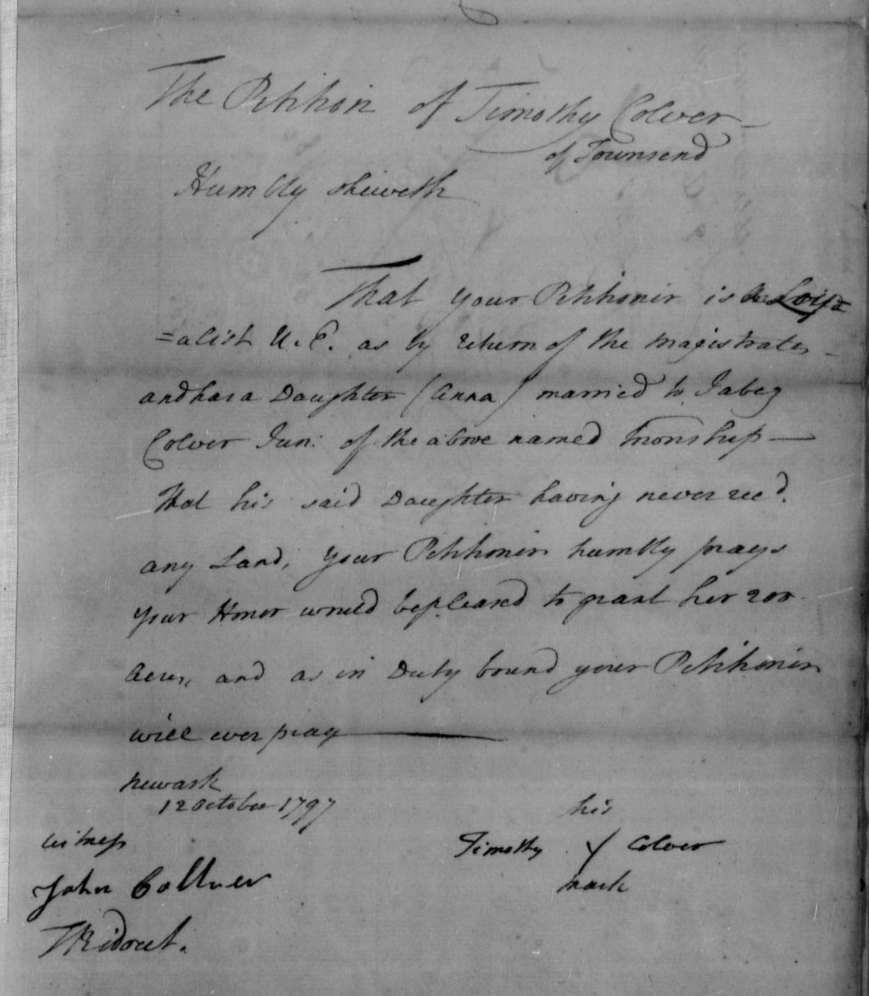 Petition of Timothy Colver for his daughter Anna, Newark, 12 October 1797