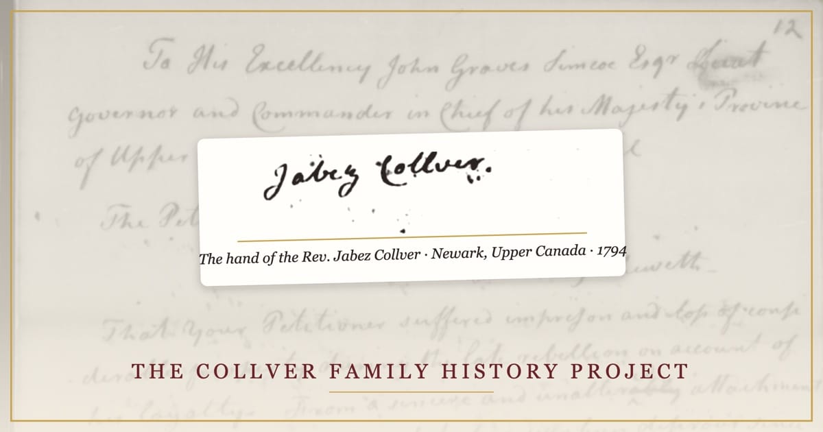 The signature of the Rev. Jabez Collver, from his 1794 petition at Newark, Upper Canada