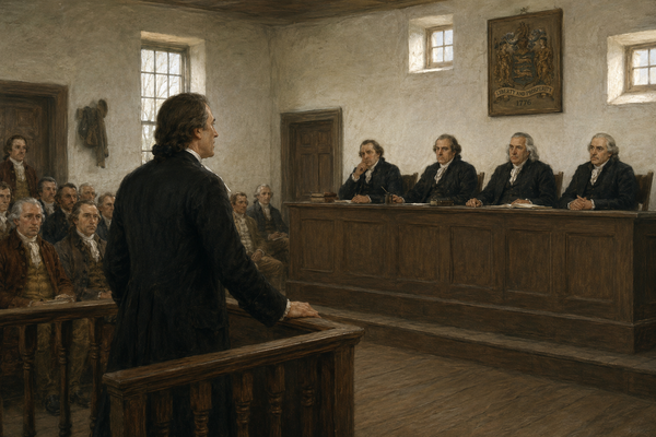 A minister stands at the bar before the judges’ bench in a plain New Jersey courtroom, 1777.