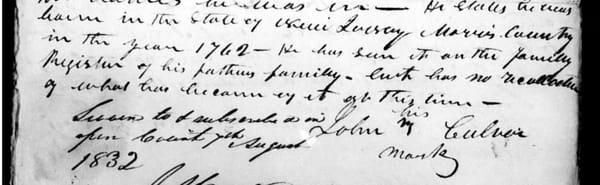 The register sentence of John Culver's 1832 pension declaration, signed with his mark